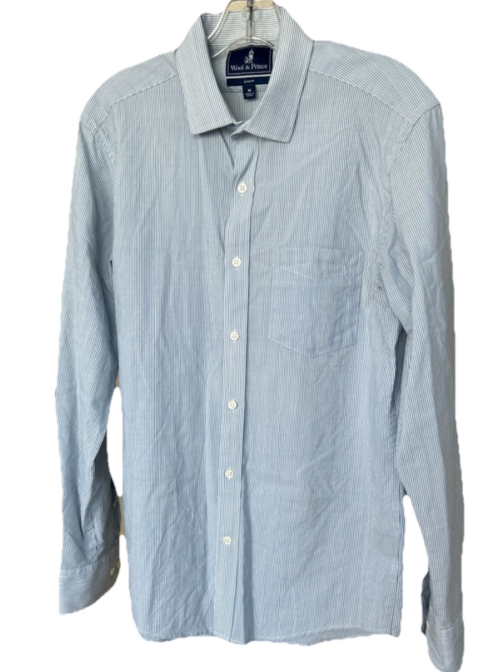 Wool & Prince 100% Wool Button Down Shirt Stripe Pattern M Slim Fit Long sleeve